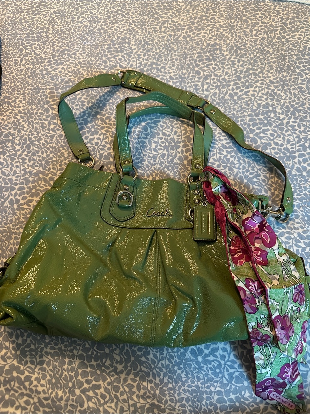 Coach Green Patent Leather Tote Bag with Floral Coach Scarf